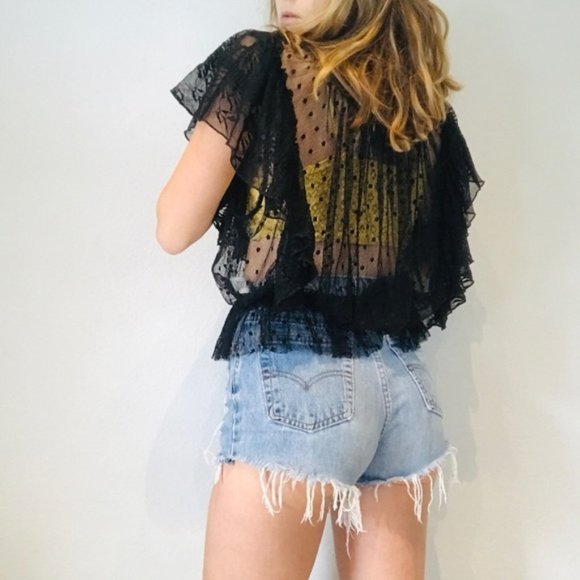 Free People black mesh polka dot ruffle top - Picture 5 of 7